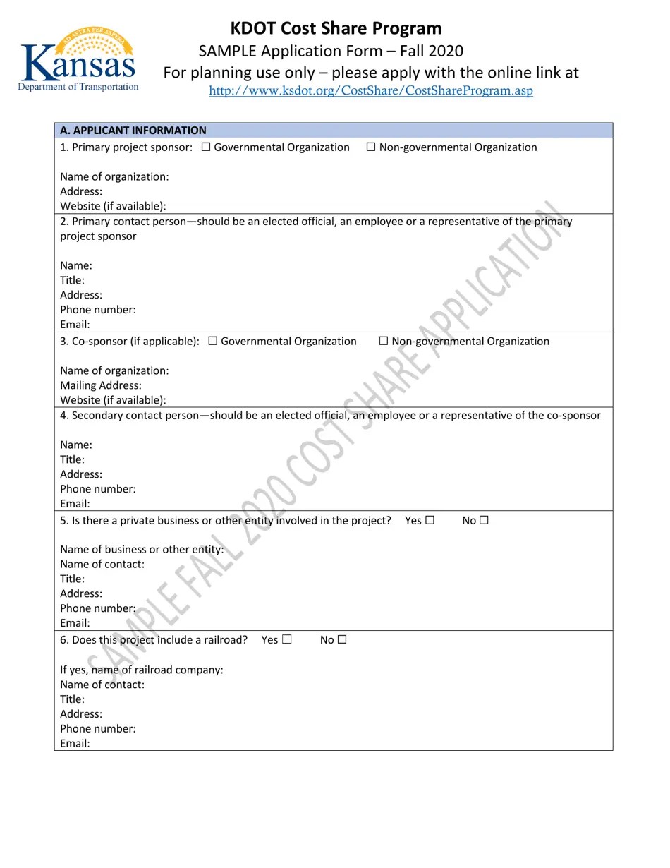 2020 Kansas Kdot Cost Share Program Application Form Fill Out, Sign