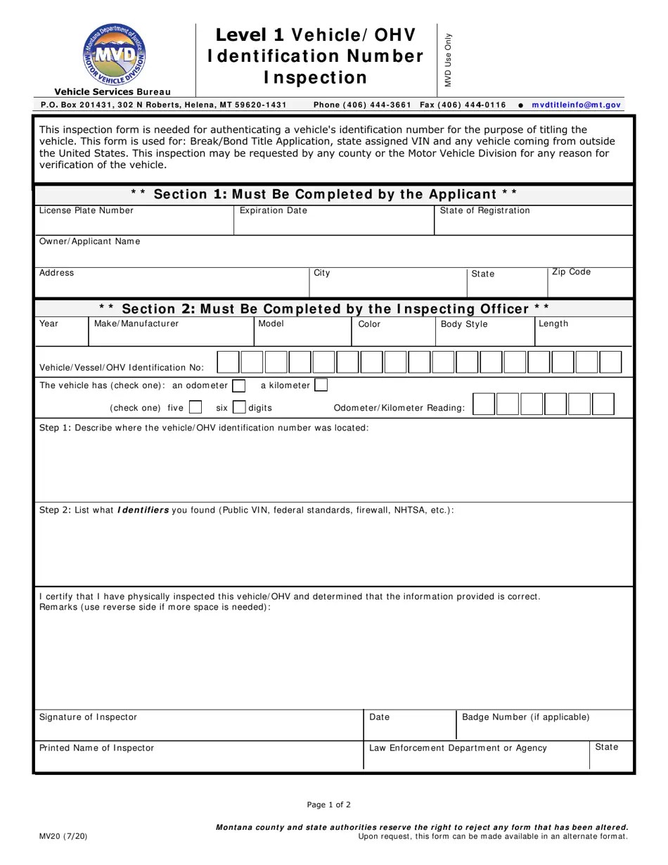 Form MV20 Fill Out, Sign Online and Download Fillable PDF, Montana