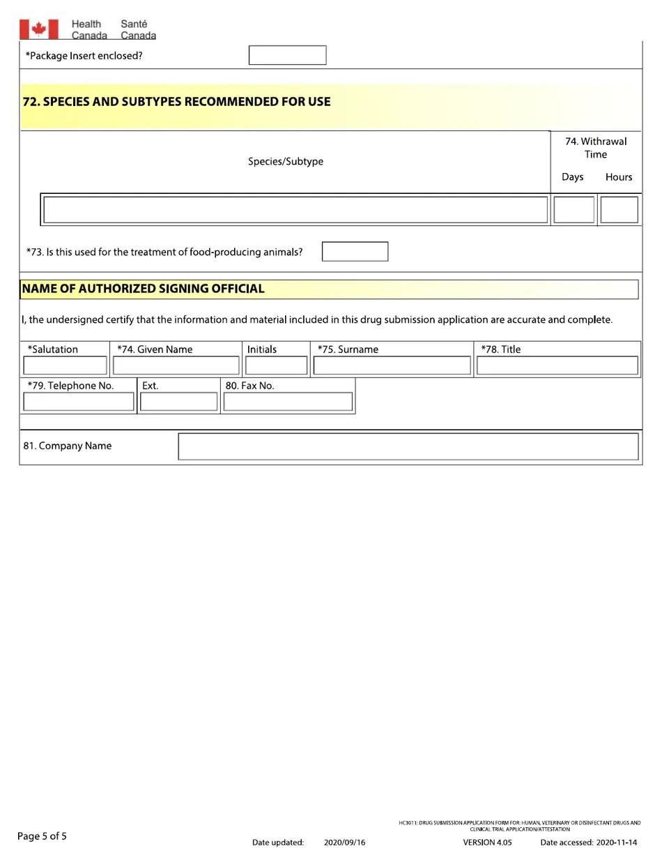 Canada Drug Submission Application Form for Human, Veterinary or