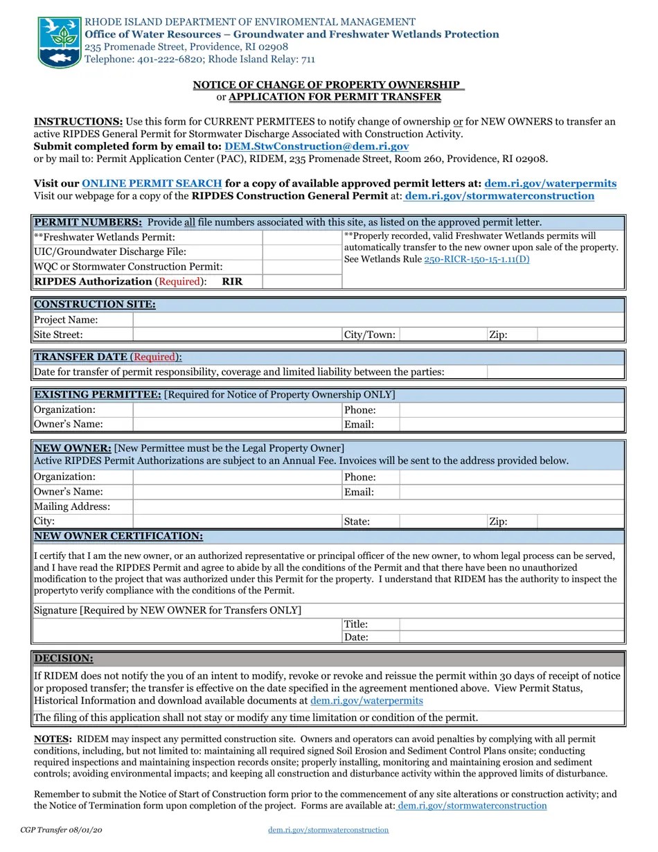 Rhode Island Notice of Change of Property Ownership or Application for