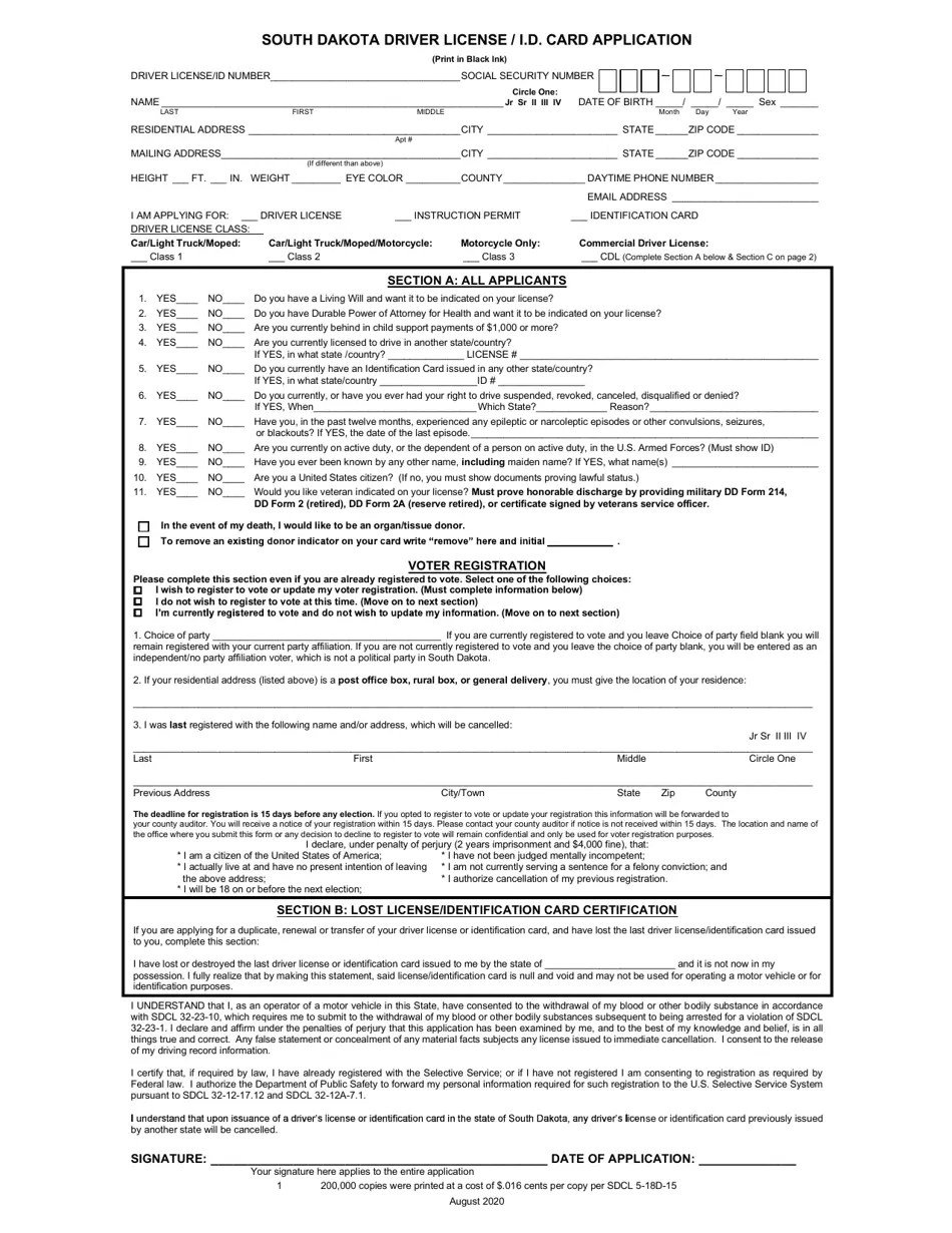 South Dakota South Dakota Driver License / I.d. Card Application