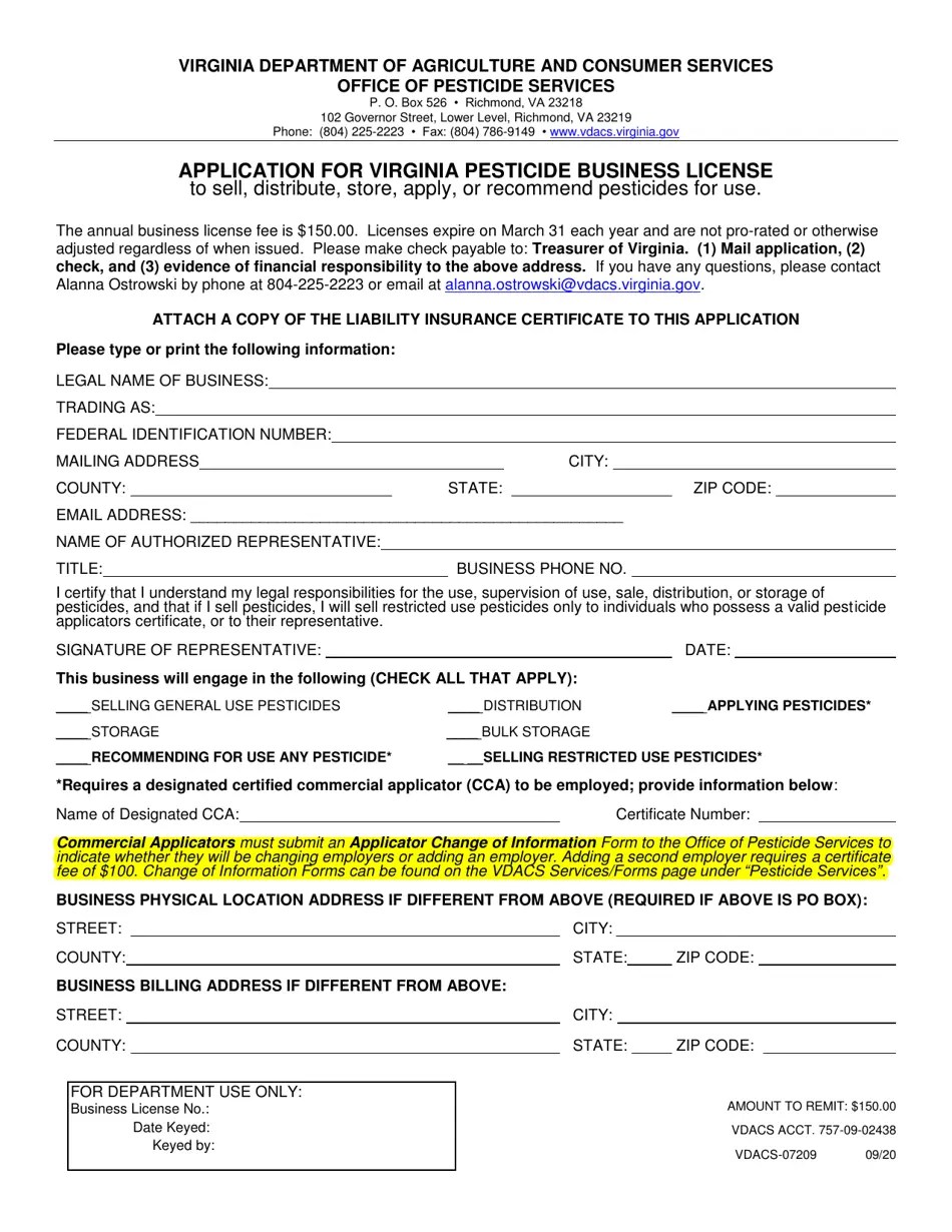 Form VDACS07209 Download Printable PDF or Fill Online Application for