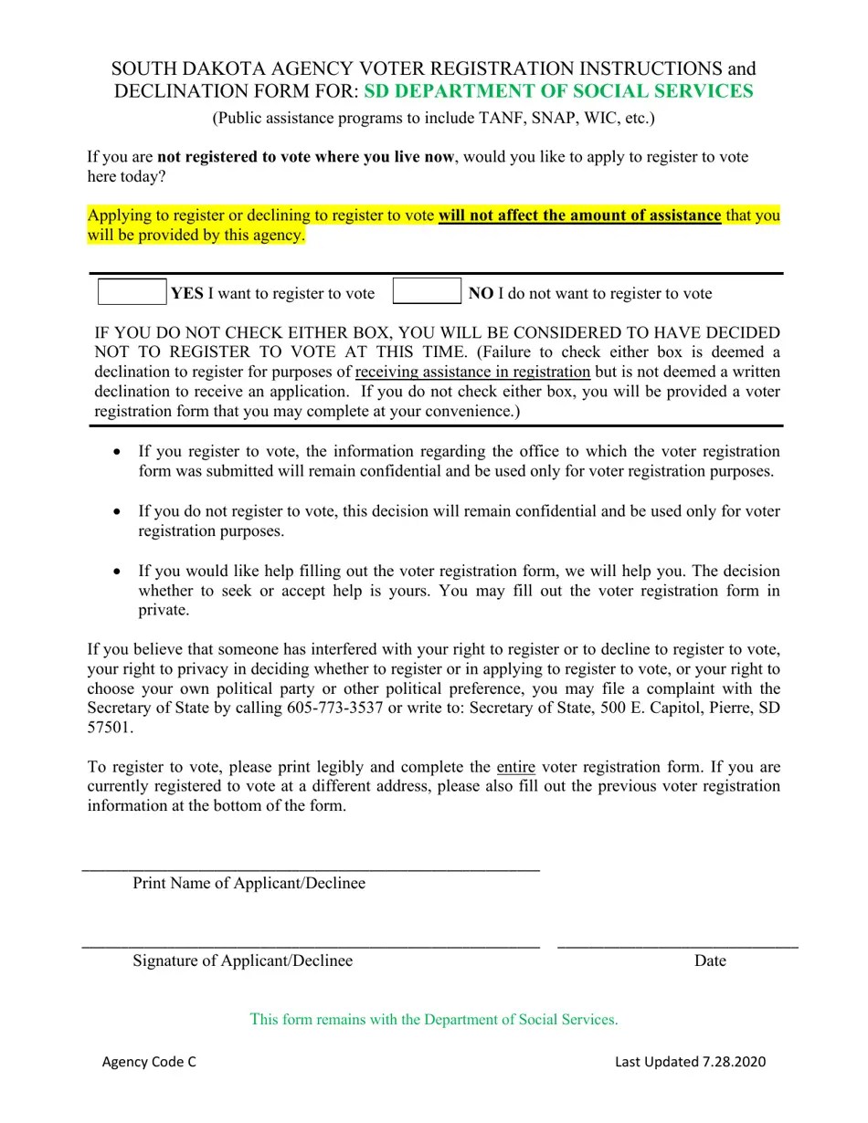 South Dakota South Dakota Declination Form for SD Department of Social
