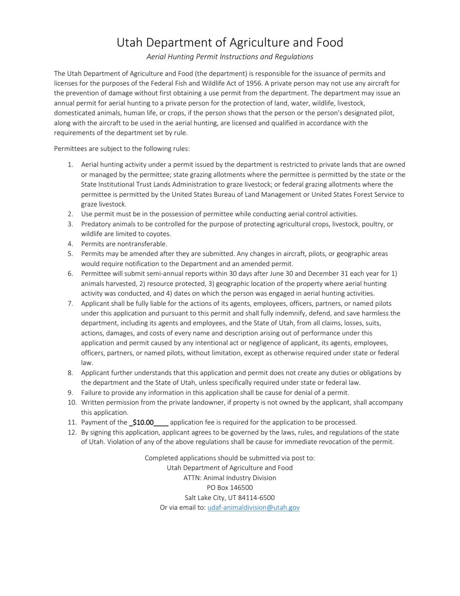Utah Aerial Hunting Permit Fill Out, Sign Online and Download PDF