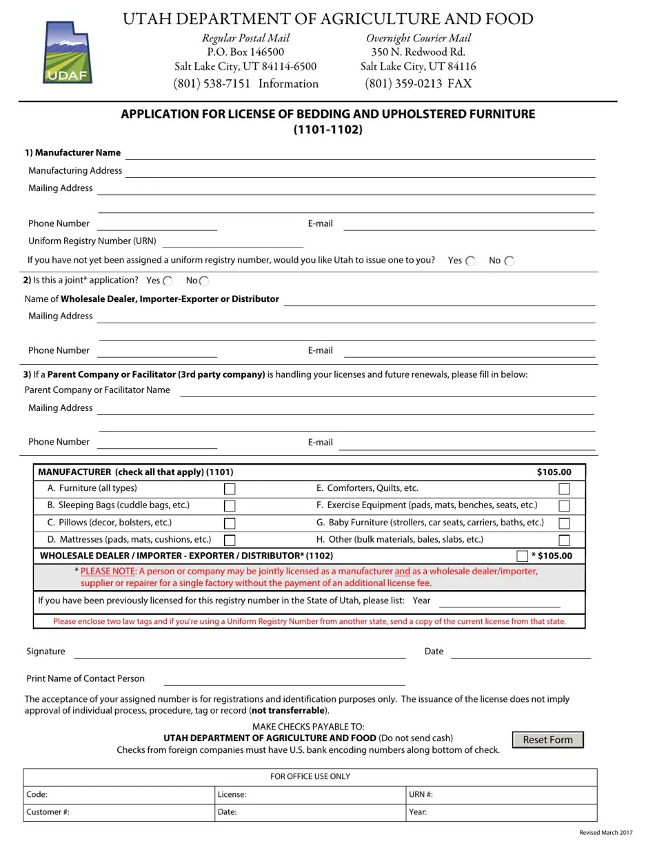 Utah Application for License of Bedding and Upholstered Furniture (1101