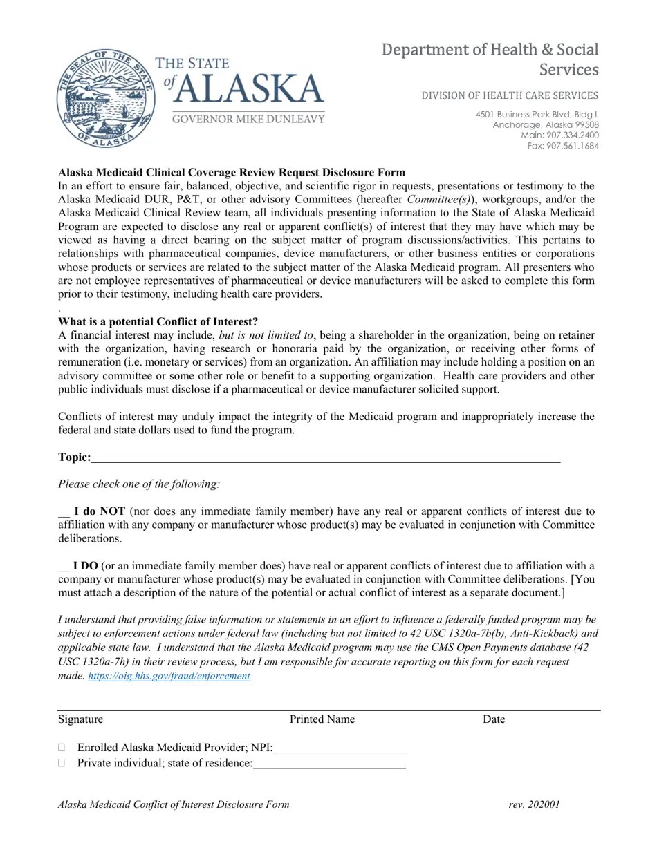 Alaska Alaska Medicaid Clinical Coverage Review Request Disclosure Form