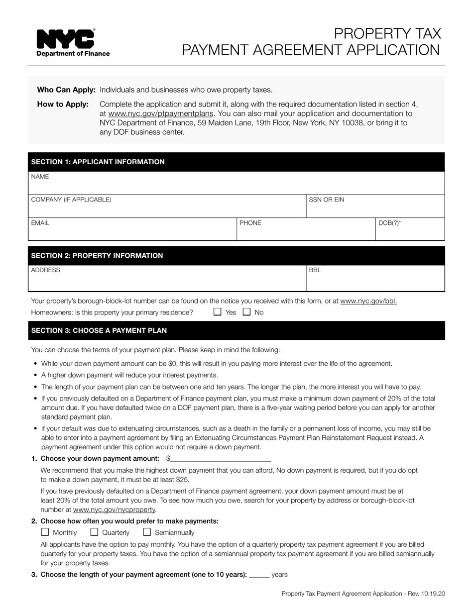 New York City Property Tax Payment Agreement Application Fill Out