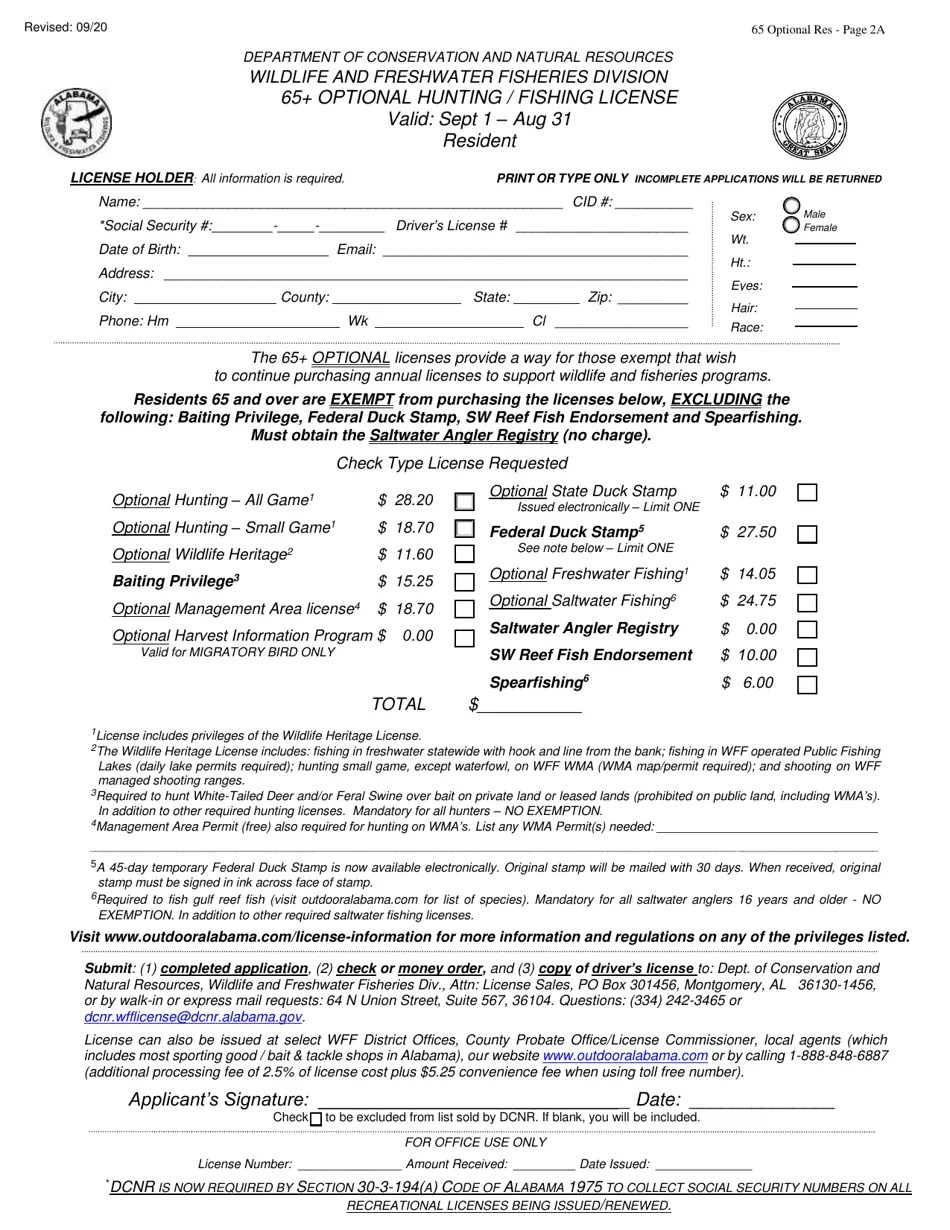 Alabama 65+ Optional Hunting/Fishing License Resident Fill Out