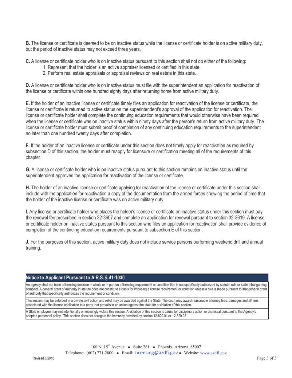 Arizona Application for Inactive Status or Reactivation of Real