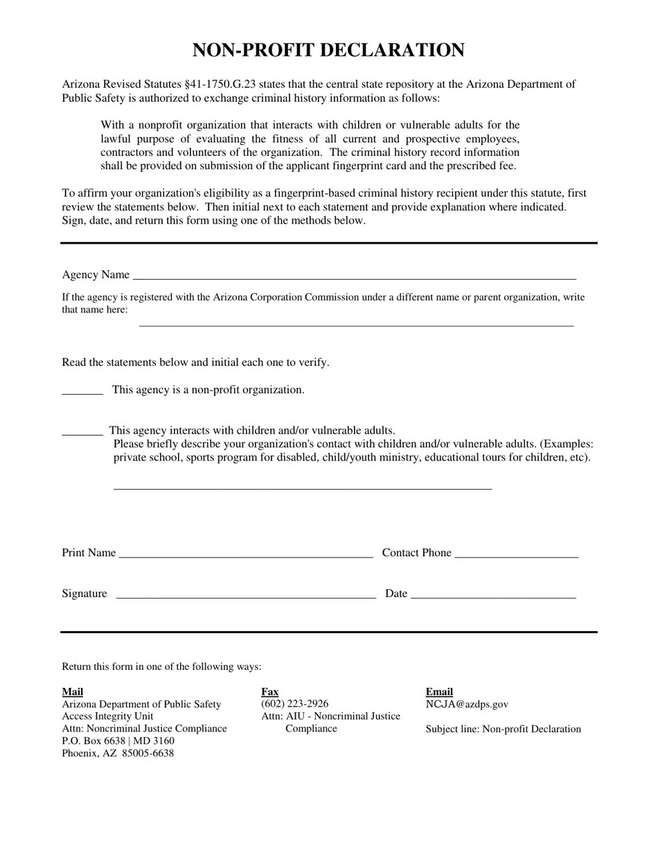 Arizona Nonprofit Declaration Fill Out, Sign Online and Download PDF
