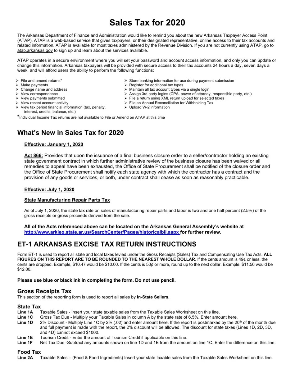 Download Instructions for Form ET1 Arkansas Excise Tax Return PDF