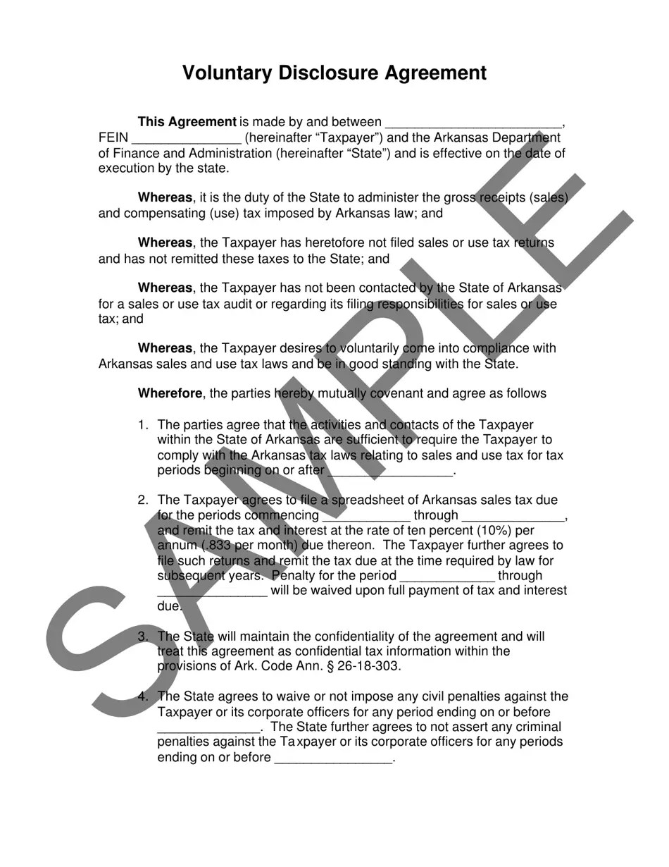 Arkansas Voluntary Disclosure Agreement for Sales Tax Fill Out, Sign Online and Download PDF