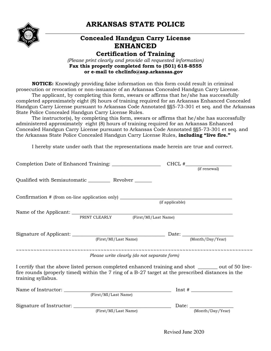Arkansas Concealed Handgun Carry License Enhanced Certification of