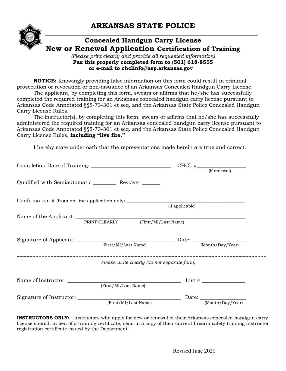 Arkansas Concealed Handgun Carry License New or Renewal Application