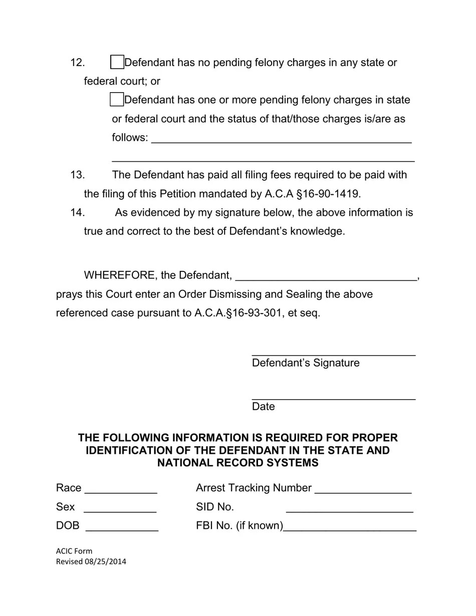 Arkansas Petition to Dismiss and Seal First Offenders Fill Out, Sign Online and Download PDF