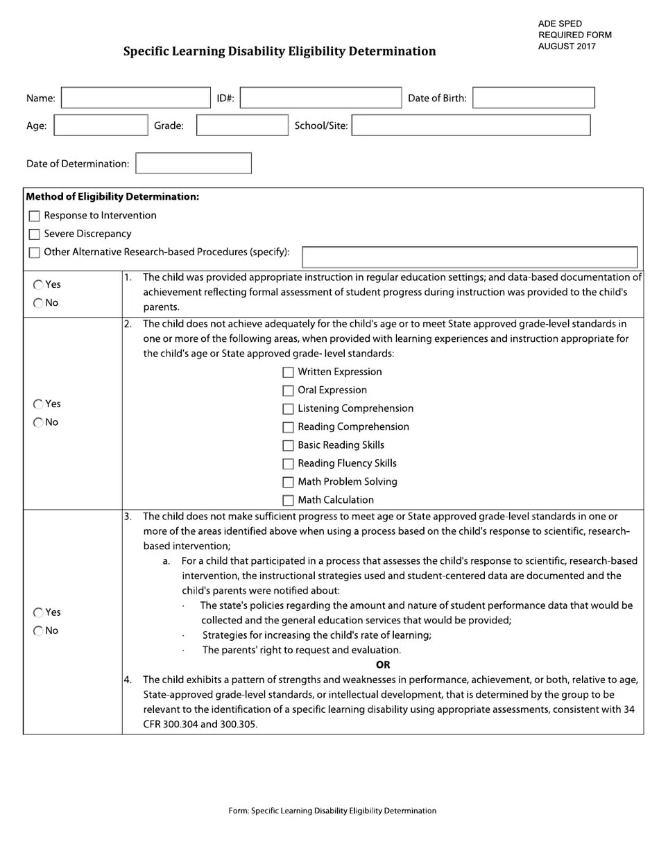 Arkansas Specific Learning Disability Eligibility Determination Fill