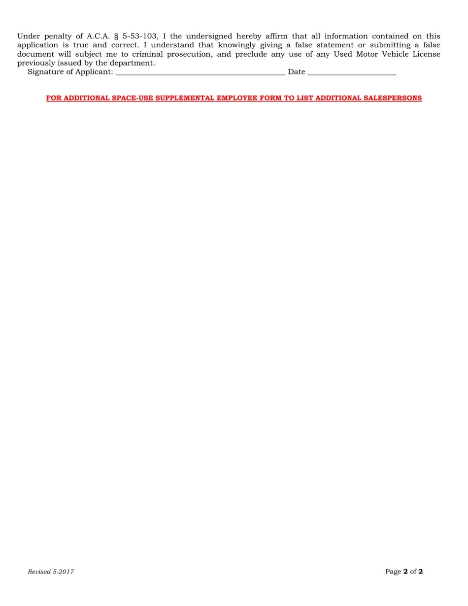 Arkansas Used Motor Vehicle Dealer Additional Employee Form Fill Out