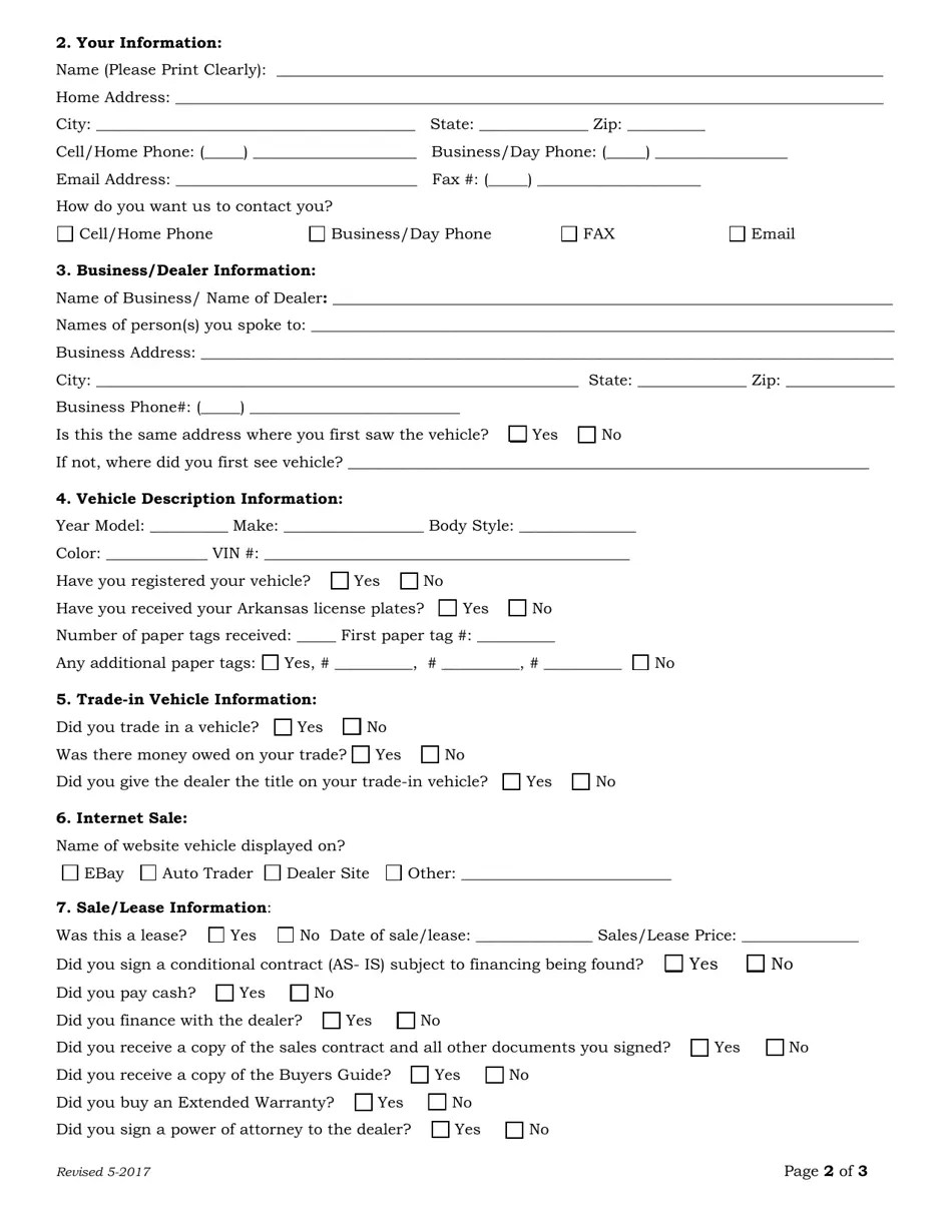 Arkansas Used Motor Vehicle Dealer License Consumer Complaint Form