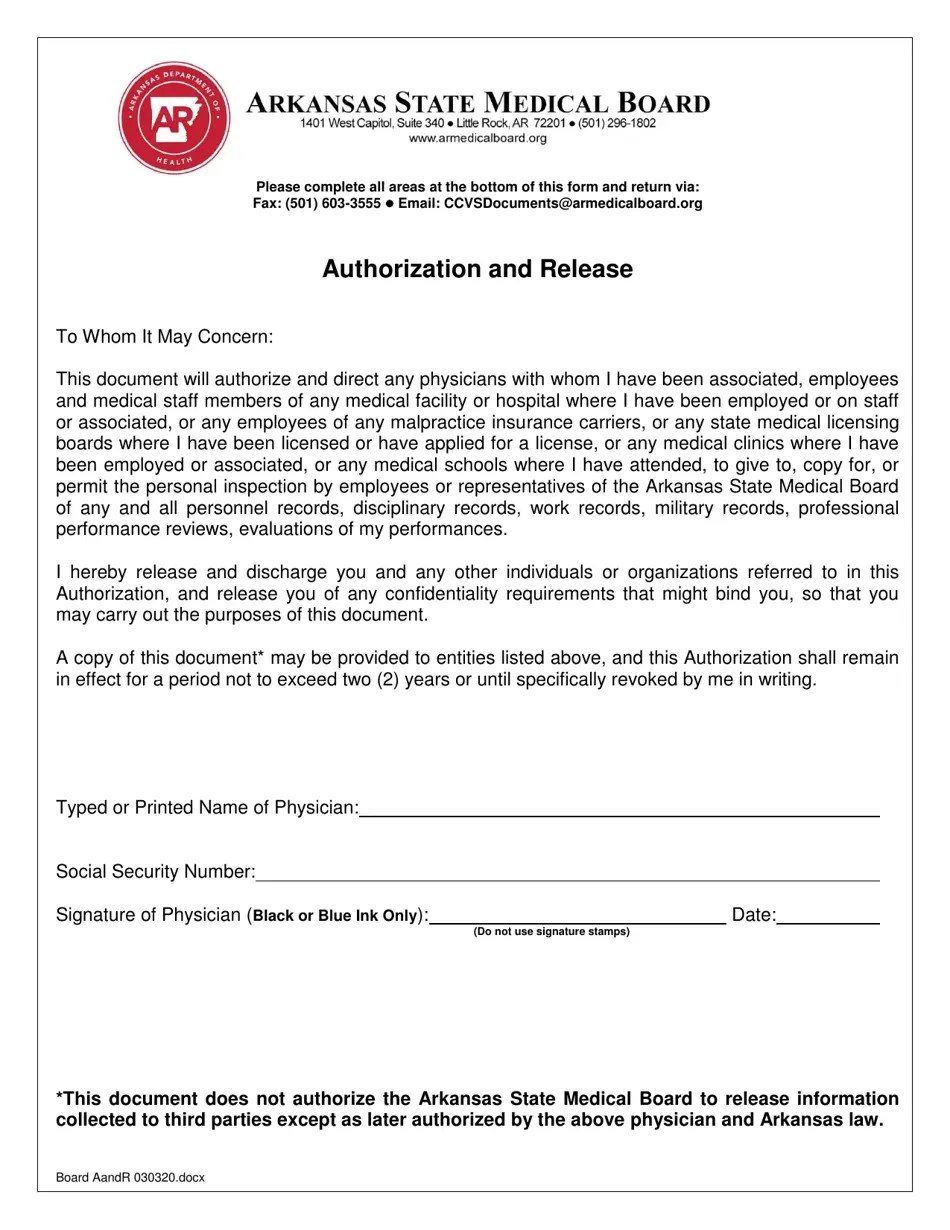 Arkansas Authorization and Release Fill Out, Sign Online and Download