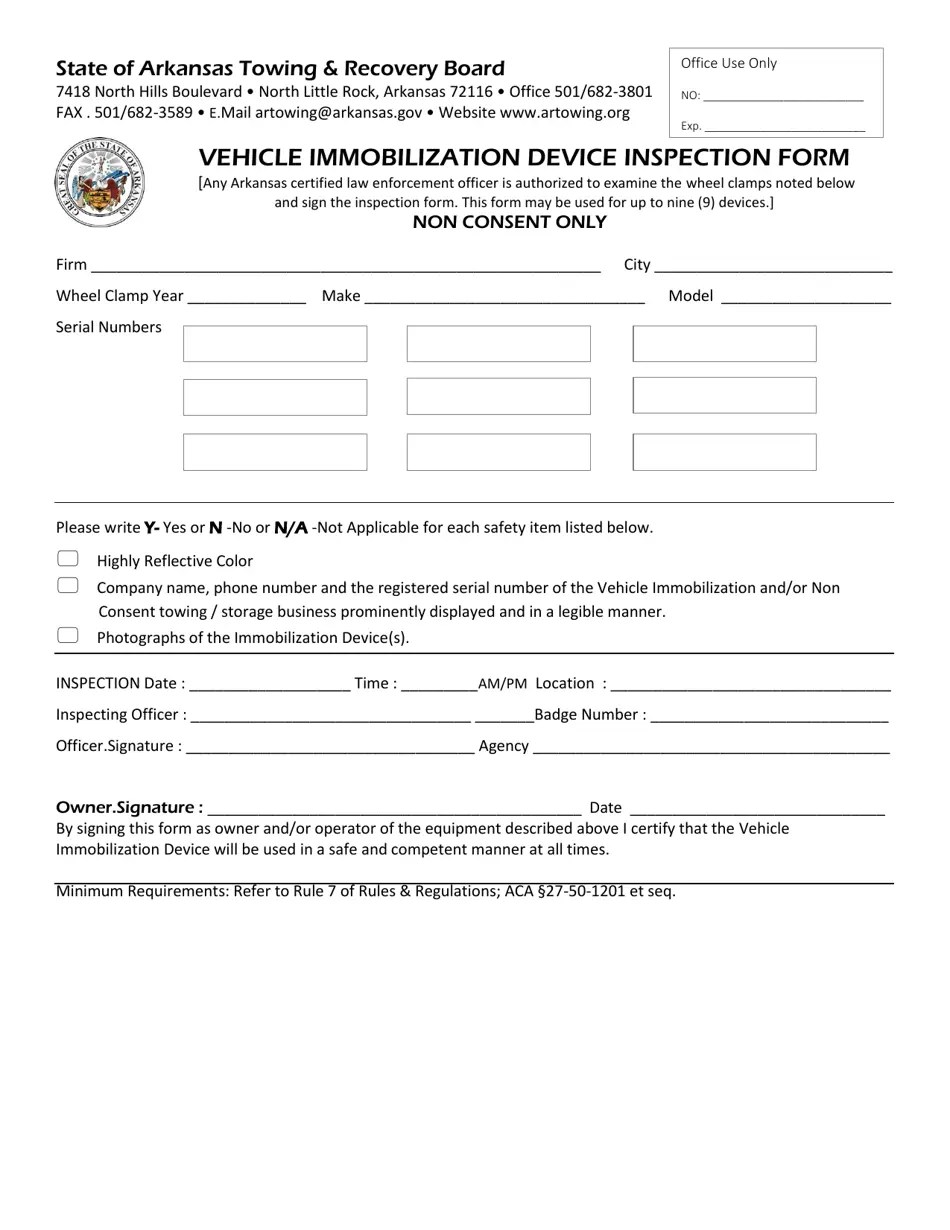 Arkansas Vehicle Immobilization Device Inspection Form Fill Out, Sign
