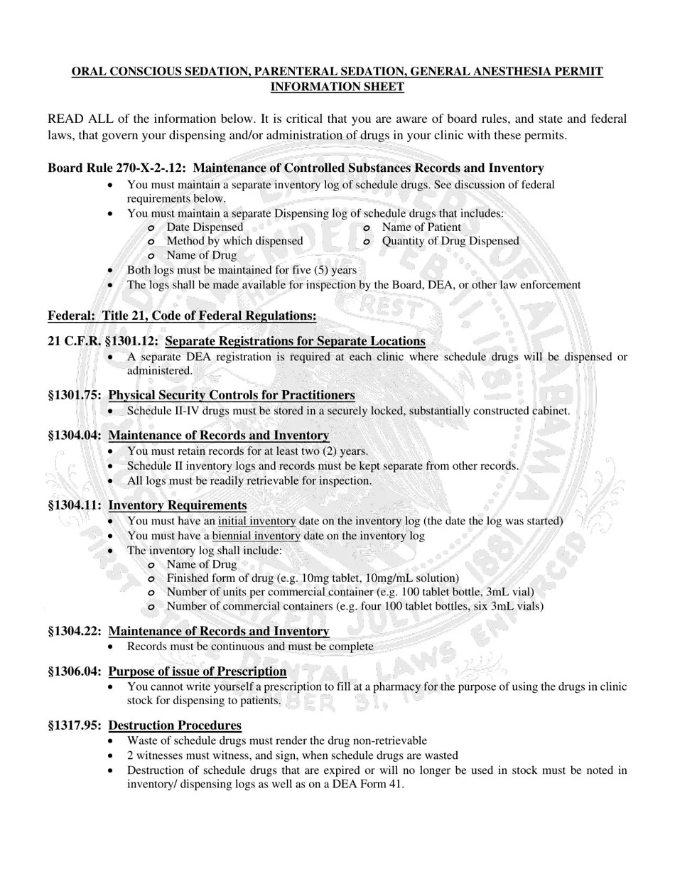 Alabama Initial Application for Permit of Parenteral Sedation (Pa) or General Anesthesia (Ga