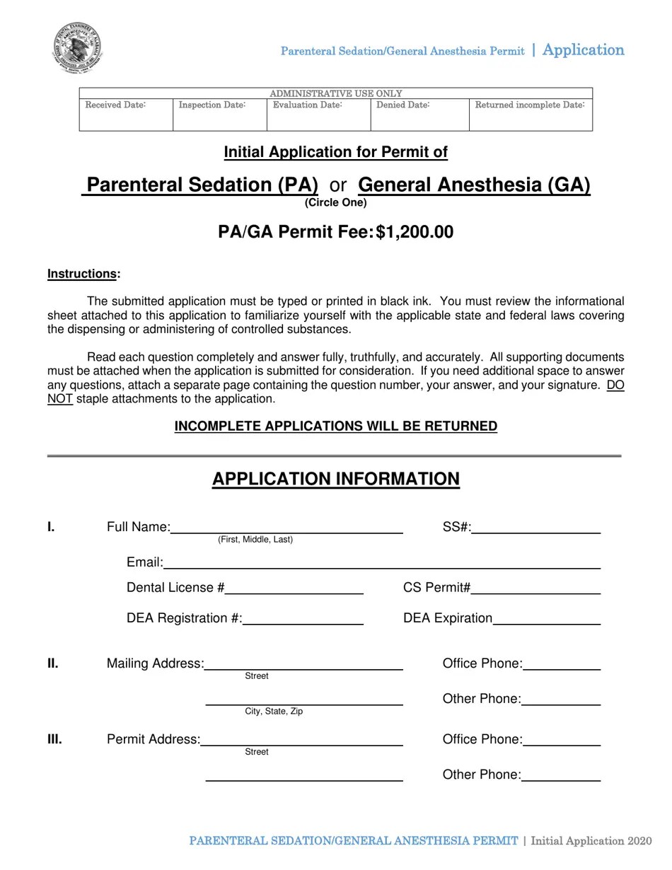 Alabama Initial Application for Permit of Parenteral Sedation (Pa) or