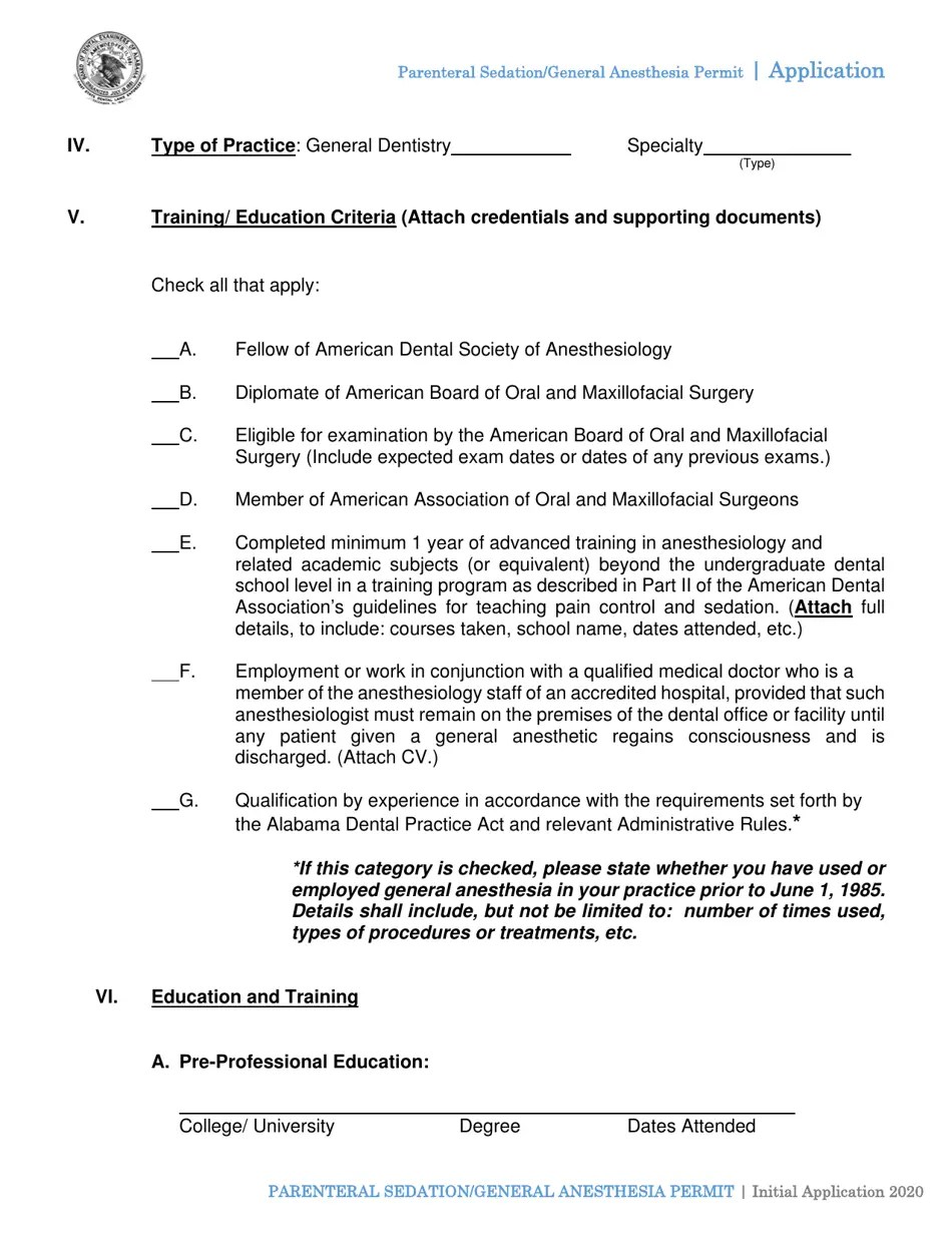 Alabama Initial Application for Permit of Parenteral Sedation (Pa) or General Anesthesia (Ga