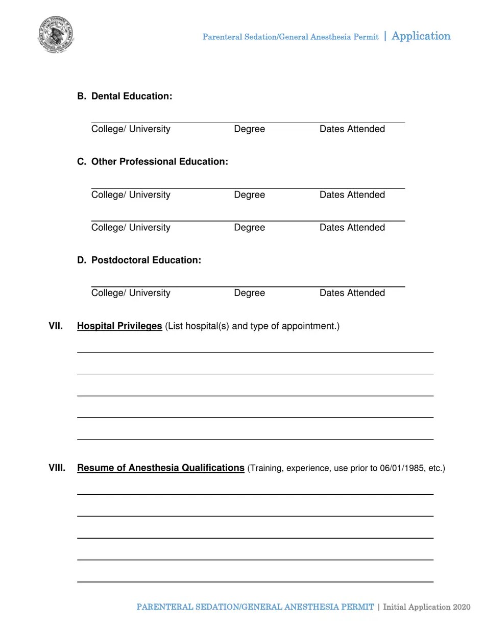 Alabama Initial Application for Permit of Parenteral Sedation (Pa) or General Anesthesia (Ga