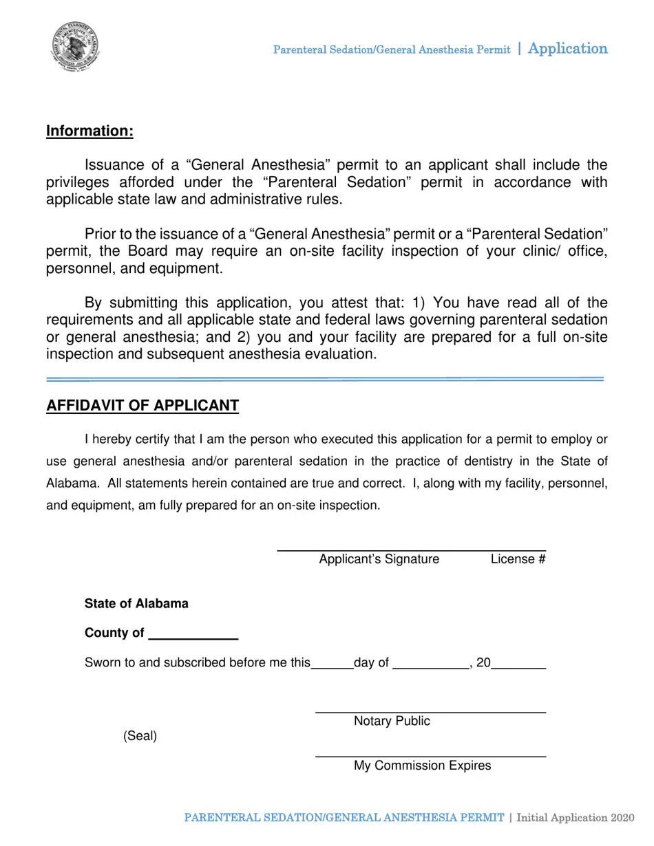 Alabama Initial Application for Permit of Parenteral Sedation (Pa) or General Anesthesia (Ga