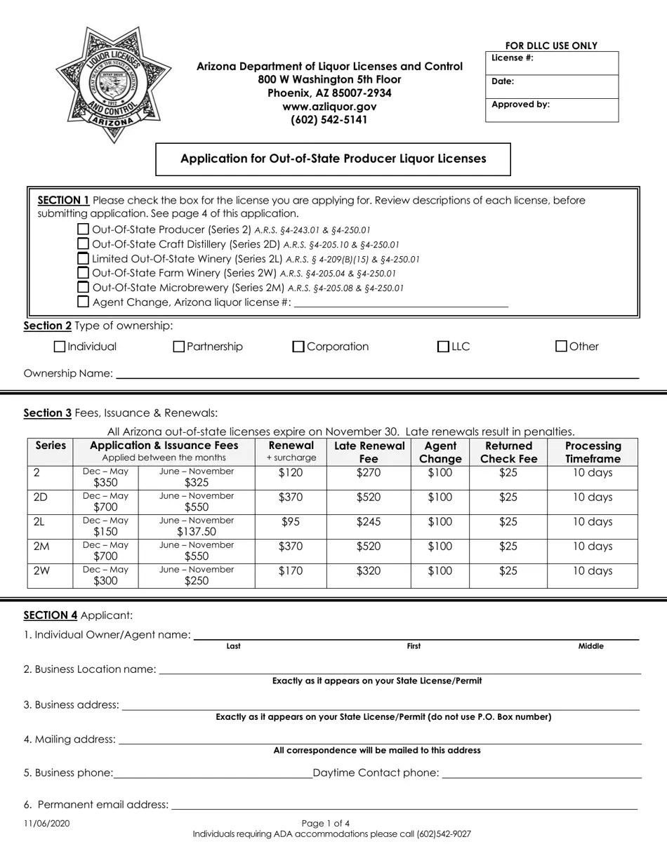 Arizona Application for OutofState Producer Liquor Licenses Download