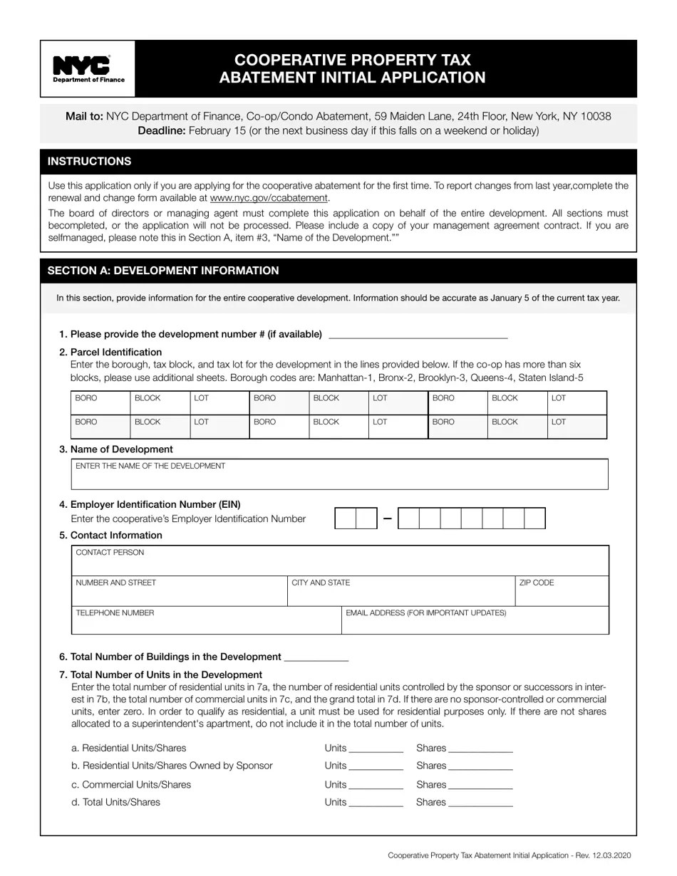 New York City Cooperative Property Tax Abatement Initial Application