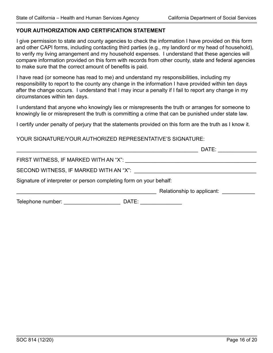 Form SOC814 Download Fillable PDF or Fill Online Statement of Facts Cash Assistance Program for