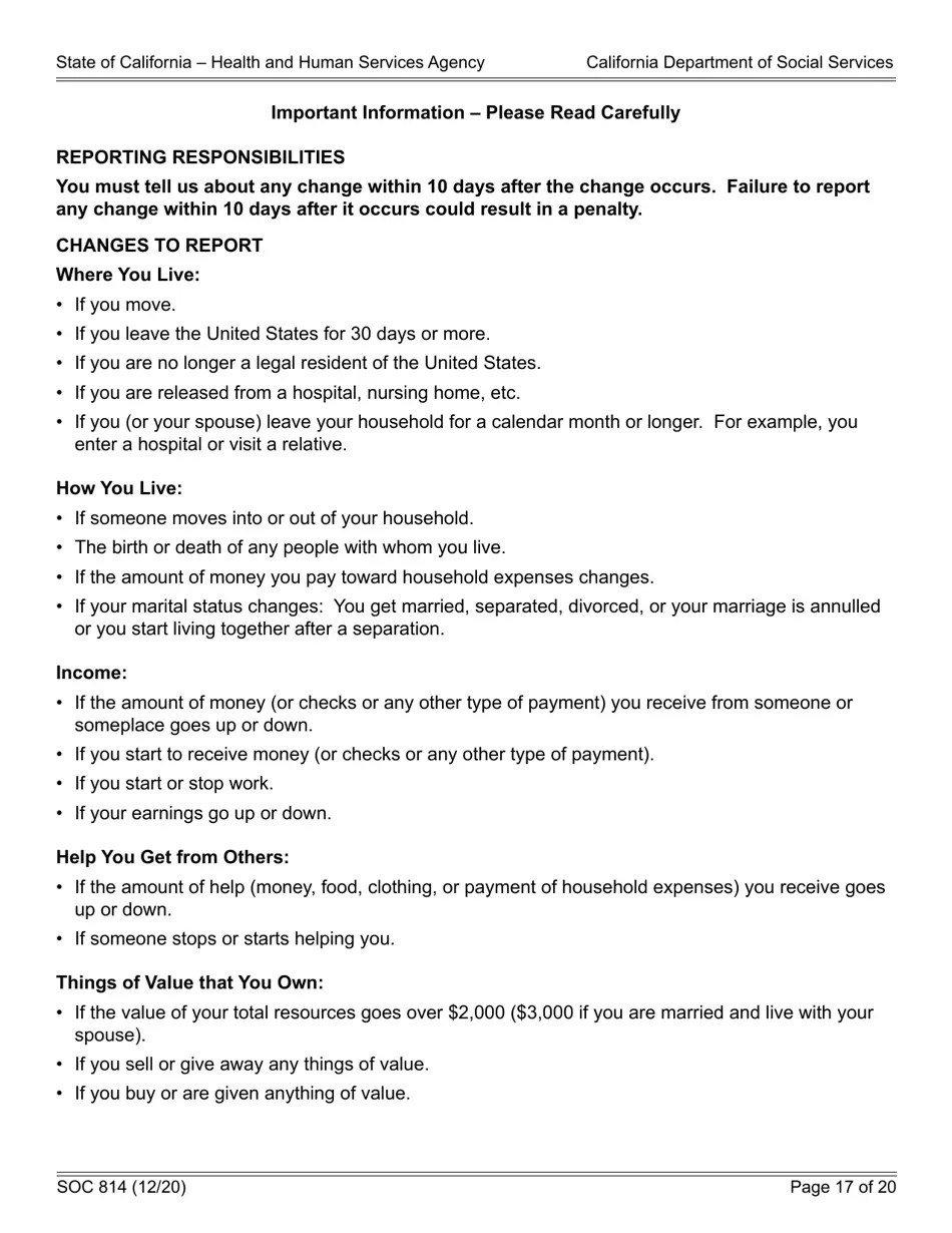 Form SOC814 Download Fillable PDF or Fill Online Statement of Facts Cash Assistance Program for