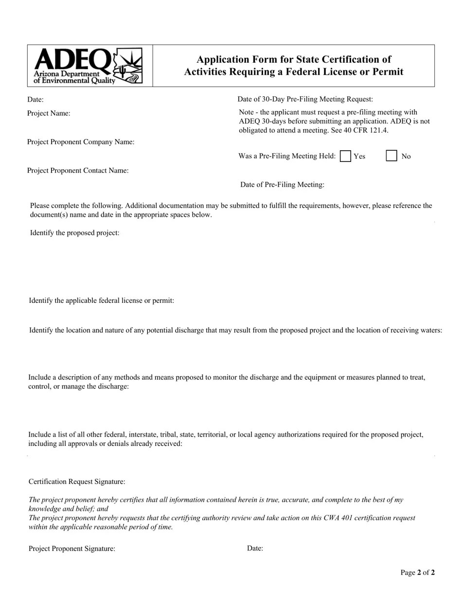 Arizona Application Form for State Certification of Activities