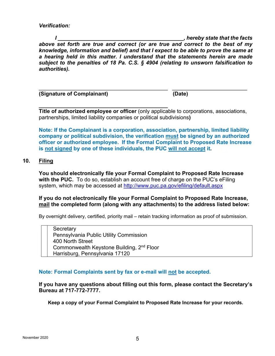 Pennsylvania Formal Complaint to Proposed Rate Increase Download