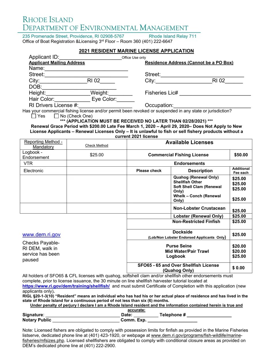 2021 Rhode Island Resident Marine License Application Fill Out, Sign