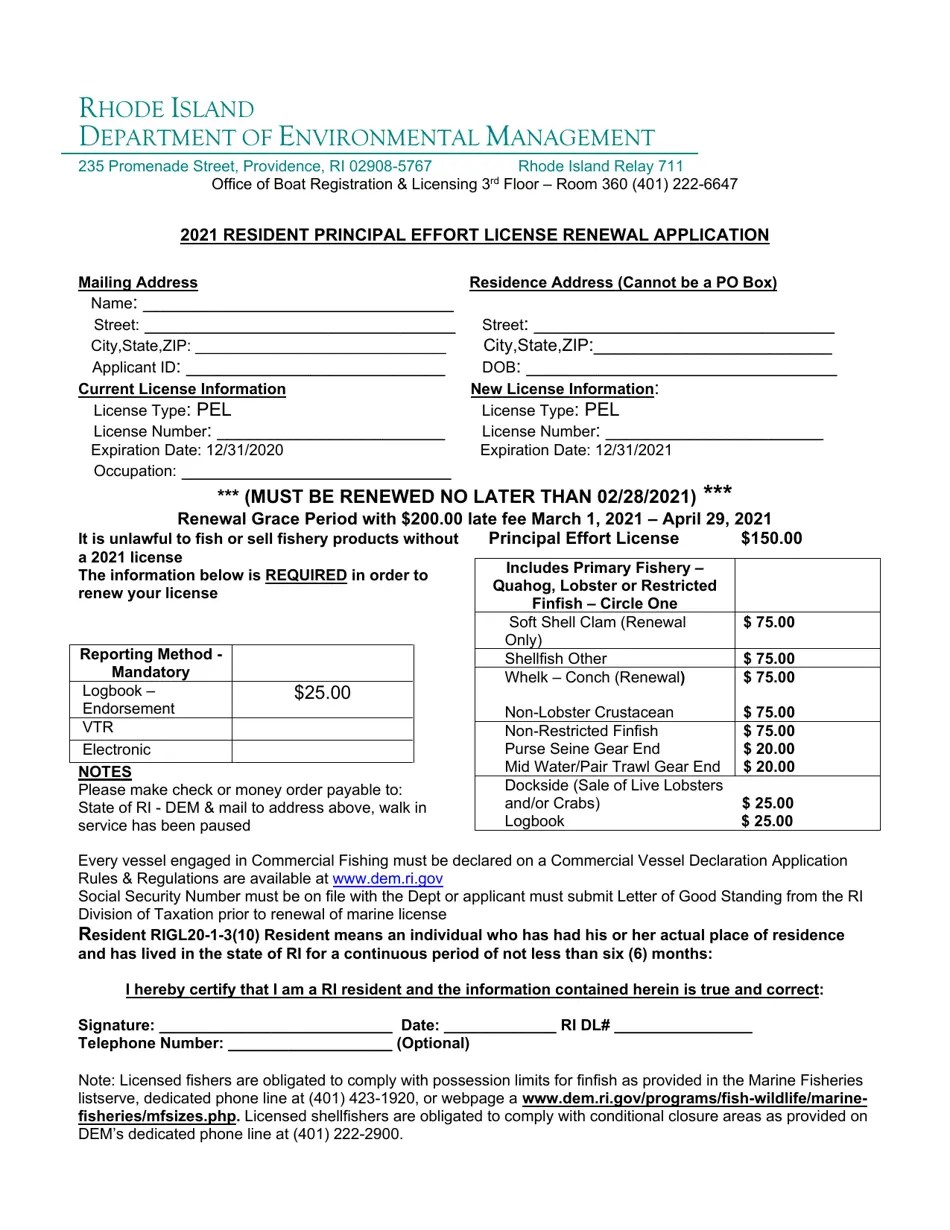 2021 Rhode Island Resident Principal Effort License Renewal Application