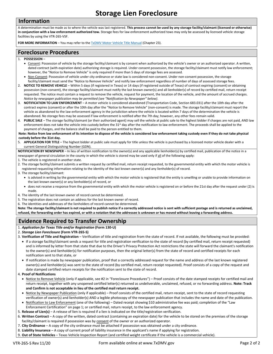 Form VTR265S Download Fillable PDF or Fill Online Storage Lien