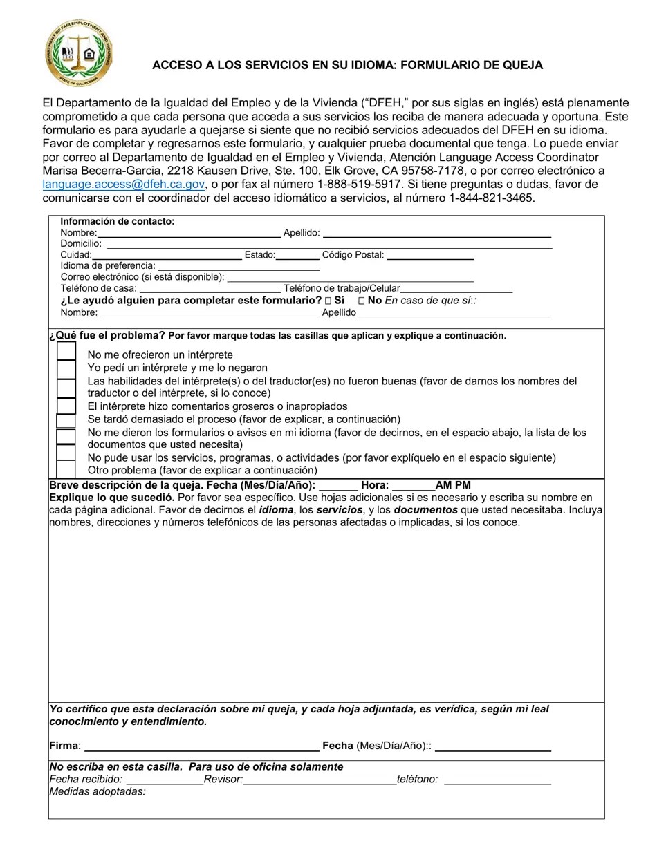California Acceso a Los Servicios En Su Idioma Formulario De Queja