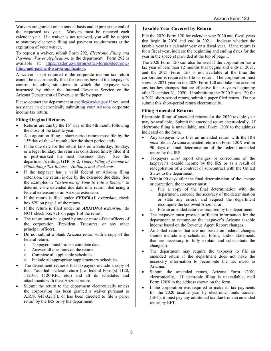 Download Instructions for Arizona Form 120, ADOR10336 Arizona