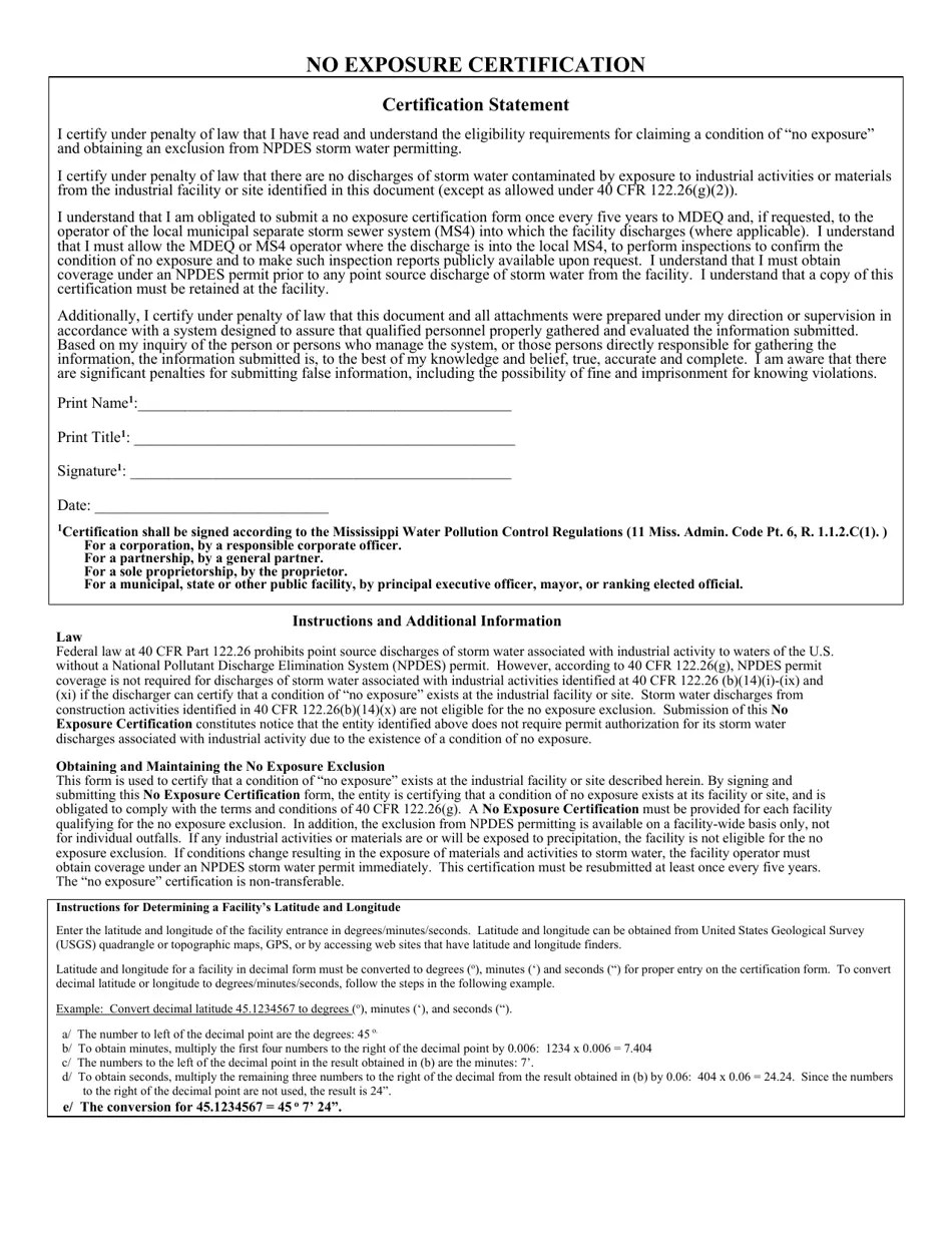 Mississippi No Exposure Certification for Exclusion From Npdes Storm