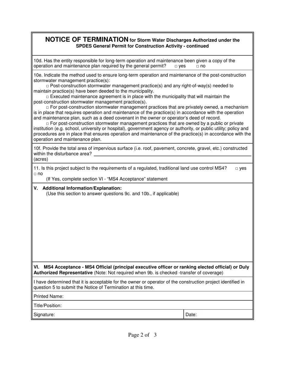 New York Notice of Termination for Storm Water Discharges Authorized