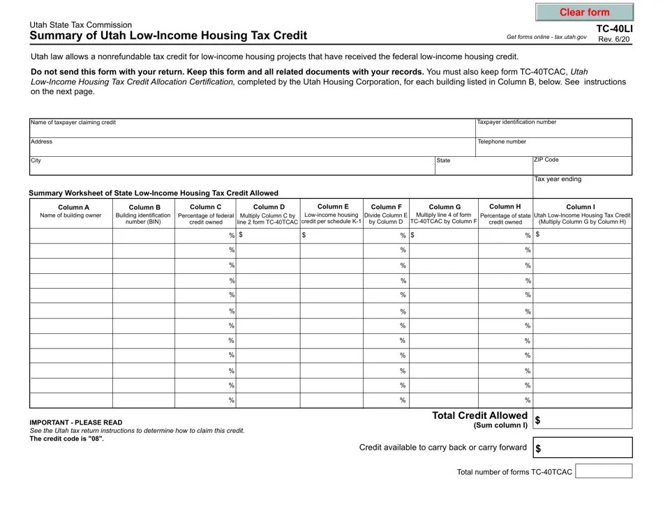 Form TC40LI Download Fillable PDF or Fill Online Summary of Utah Low