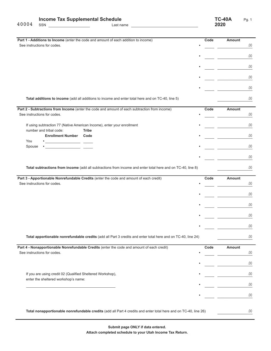Form TC40 Schedule A 2020 Fill Out, Sign Online and Download Fillable PDF, Utah