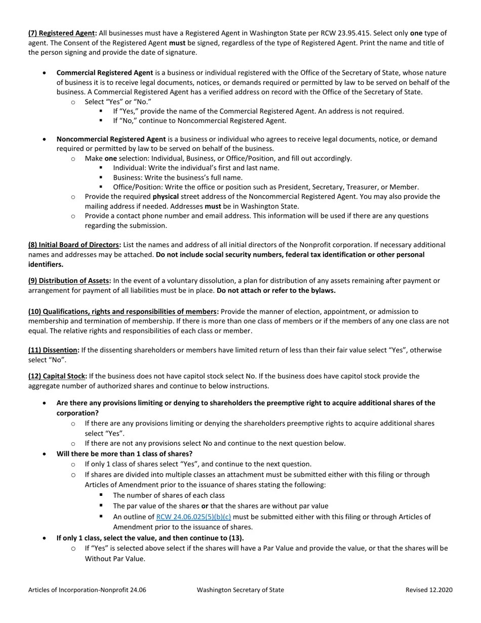 Washington Articles of Incorporation Washington Nonprofit Corporation
