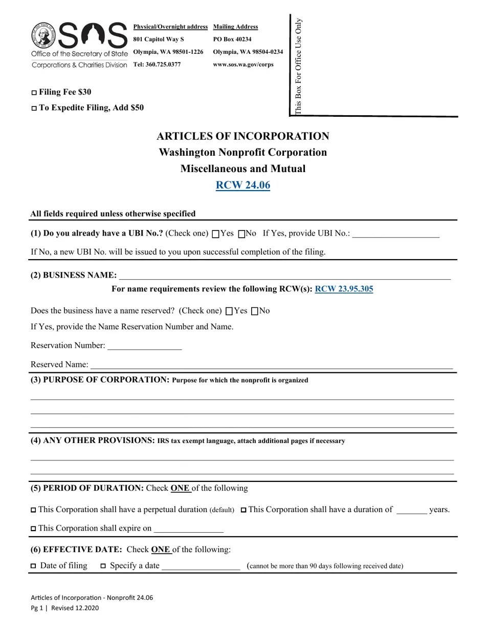 Washington Articles of Incorporation Washington Nonprofit Corporation
