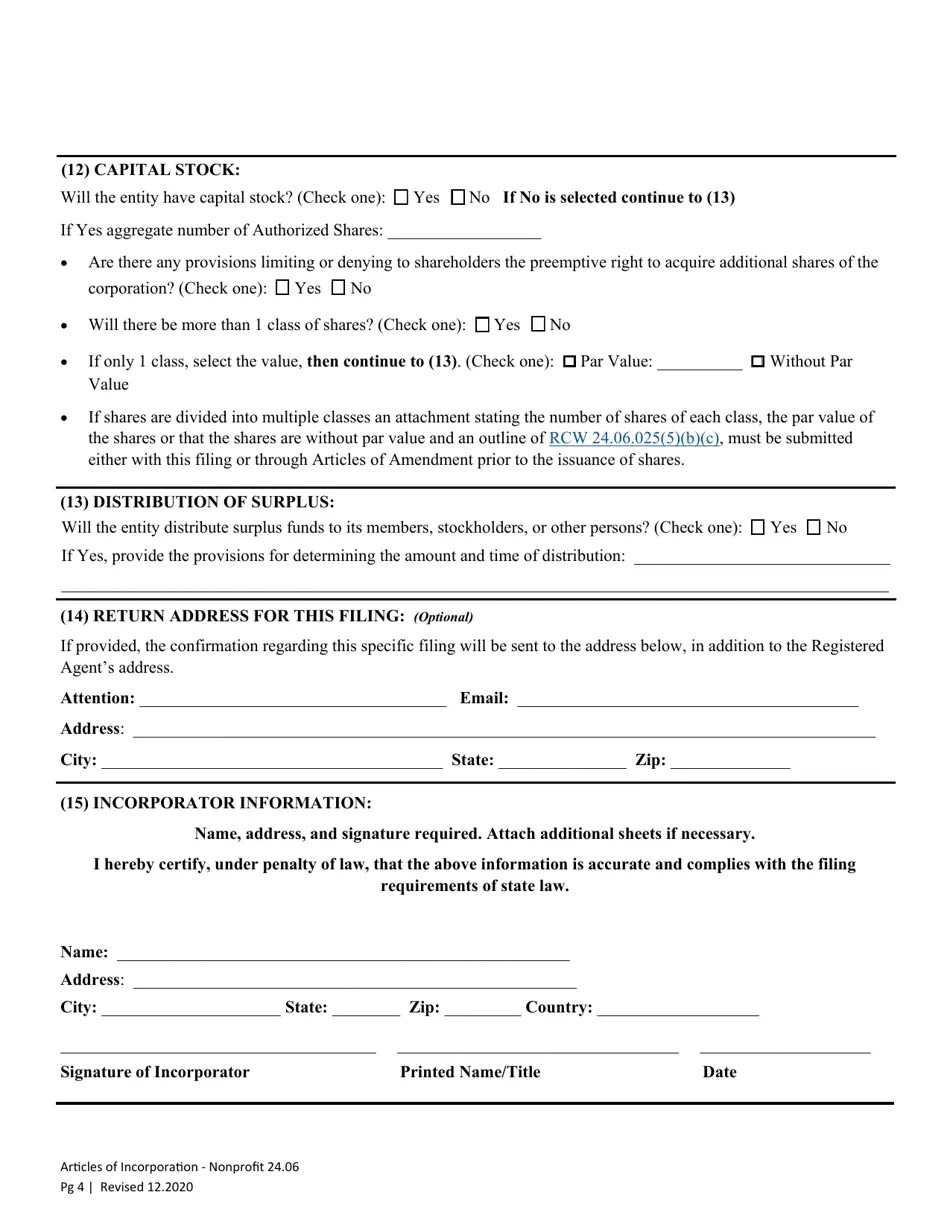 Washington Articles of Incorporation Washington Nonprofit Corporation