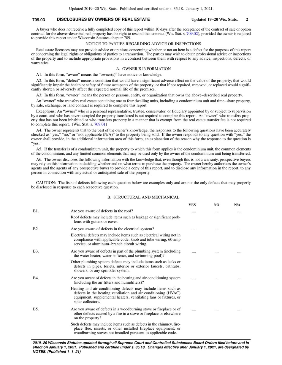 Chapter 709.03 Disclosures by Owners of Real Estate Fill Out, Sign