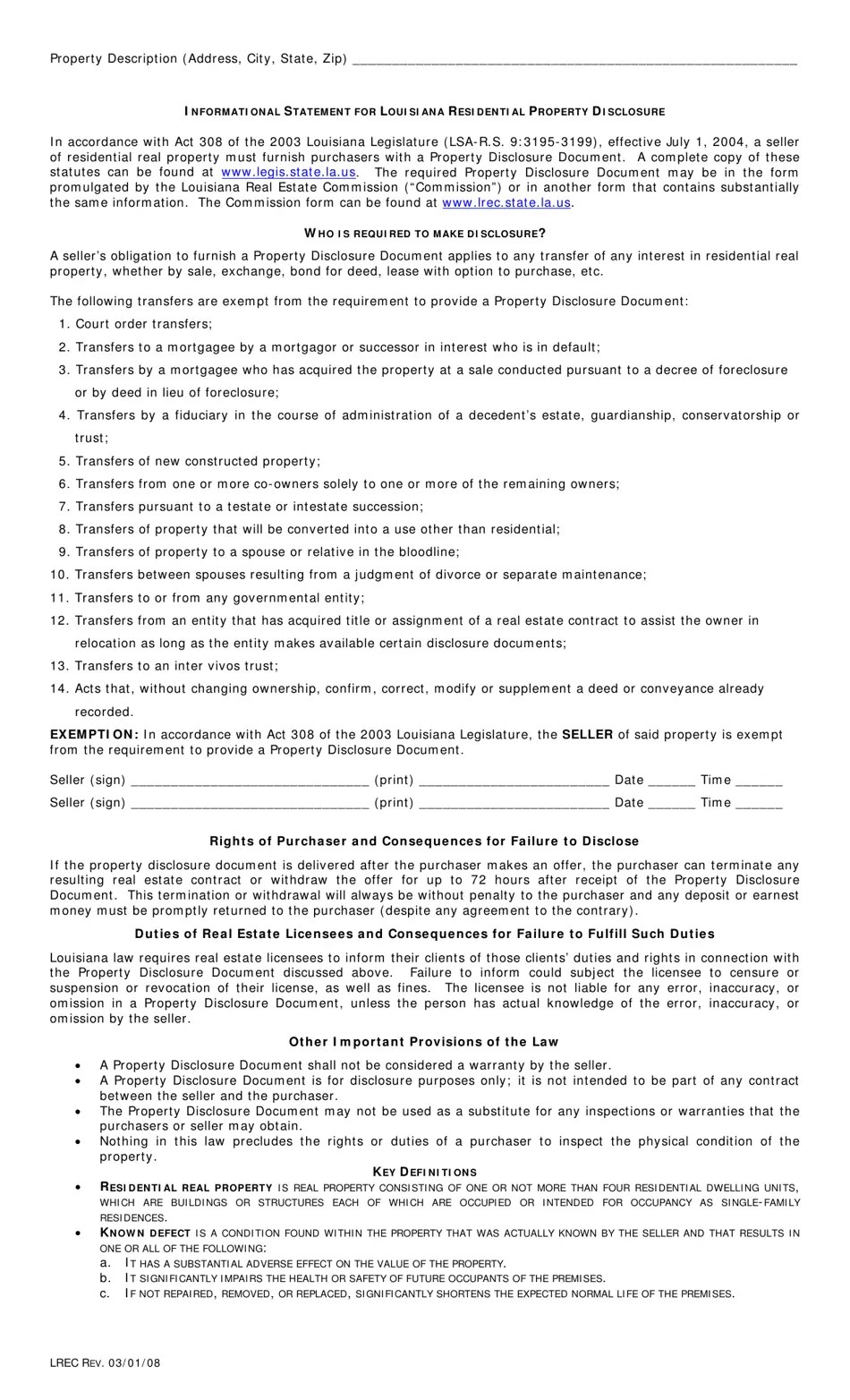 Louisiana Informational Statement for Louisiana Residential Property Disclosure Fill Out, Sign