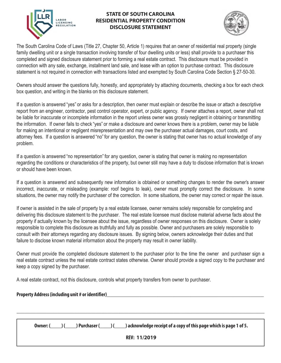 South Carolina Residential Property Condition Disclosure Statement